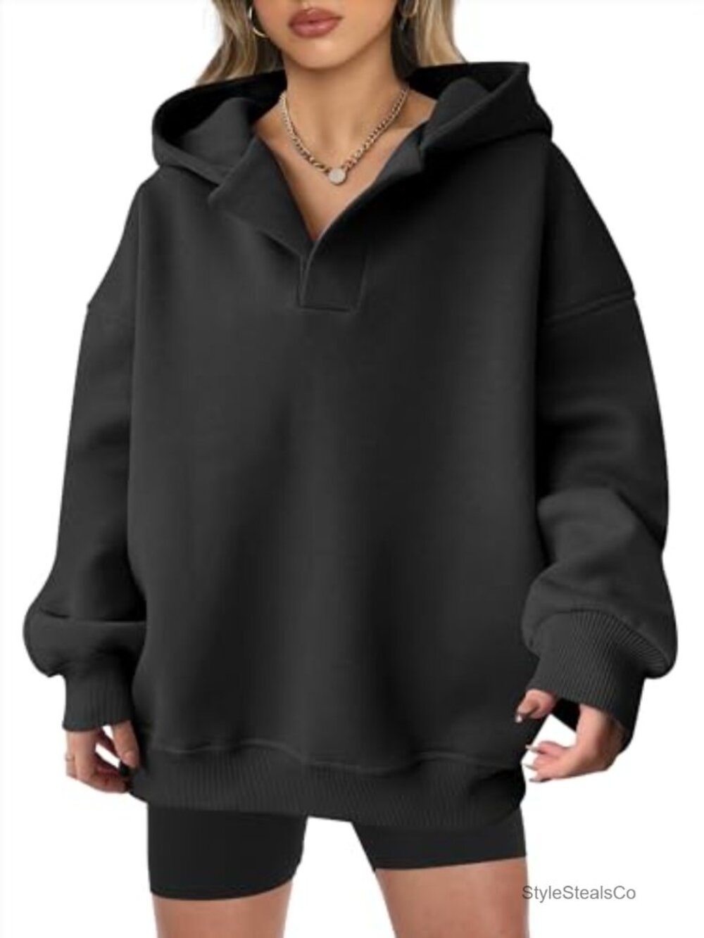 Women's Oversized V-Neck Hooded Sweatshirt Pullover Long Sleeve Y2K Top